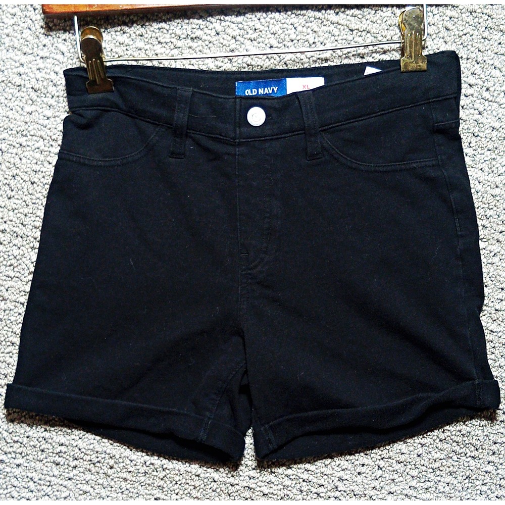 #F13-Old Navy Women's Black Denim Cuffed Shorts XL 34W Mid Rise 5-Pocket 3"